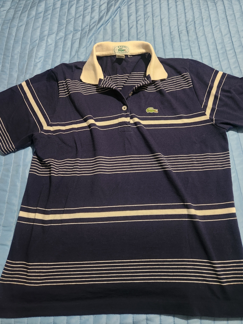 Lacoste Vintage Navy Polo with White Stripes and Contrast Collar